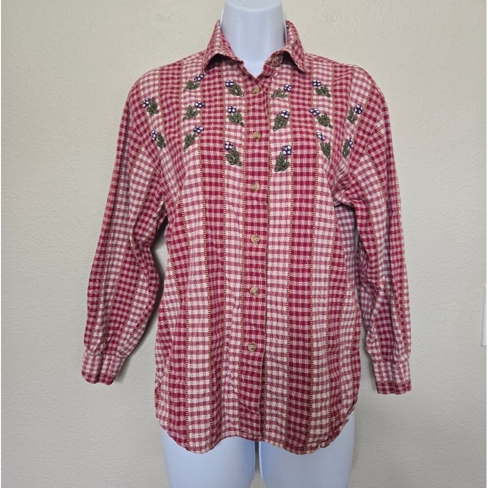 Vintage 90s Maggie&Max Plaid Button Up Floral Embroidery Shirt Small Western